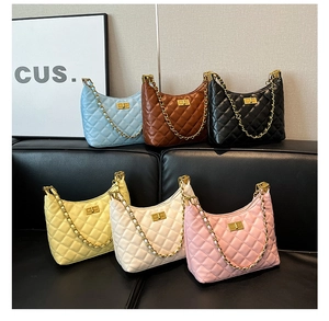 Detailed arrangement of quilted diamond pattern handbags with gold chain straps in six colors