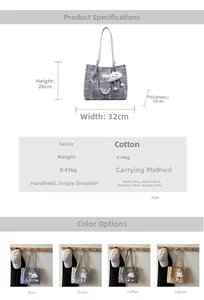 Detailed size chart and multi-color specifications for the large canvas tote bag