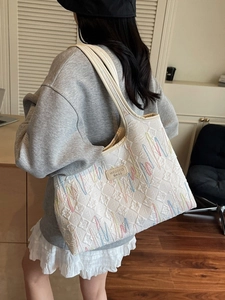 Women Large Capacity Fashion Tote Bag Fabric Quilted Wave Embroidery Shoulder Bag Casual Urban Commuting Handbag