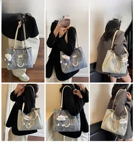 Detail shots of textured tote bags featuring pearl chains and cloud charms on models