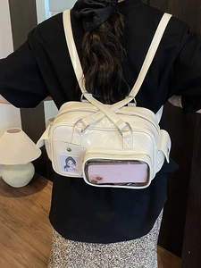 Fashionable cream white synthetic leather bowling backpack with multi-pocket design for women