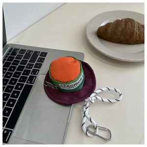 Detail of creative hat-shaped mini earphone pouch with snap hook and lanyard