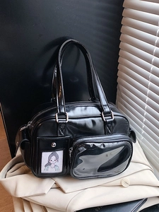 Glossy black bowling bag with retro patent leather and a transparent front pocket