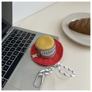 Mini hat-shaped earphone case with red and yellow nylon fabric and metal carabiner