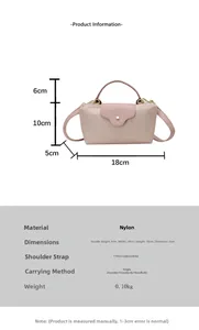 Pink nylon mini handbag detail showing dimensions 18x10x5cm with adjustable strap