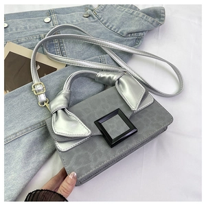 Detail of grey vintage crossbody bag featuring classic oblique pattern and silver handle