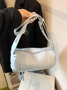 Vintage PU Leather Cylindrical Shoulder Bag For Women Large Capacity Shiny Crossbody Bag Solid Color Stitching Handbag
