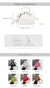 Mini white Boston bag 15x9x8cm size detail with dimensions and six color options