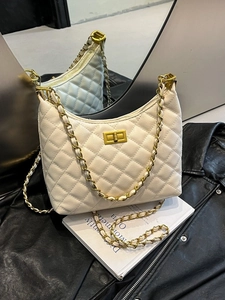 Women Quilted Diamond PU Leather Underarm Shoulder Bag Fashion Metal Chain Strap Hobo Crossbody Bag With Turn Lock Elegant Bag