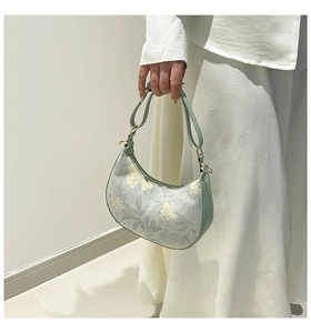 Detail of mint green hobo bag with yellow floral texture and gold hardware on handle