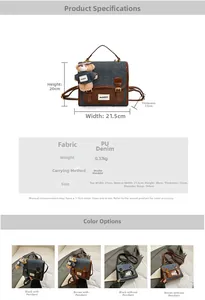 Detail of retro denim mini backpack with PU leather trim and bear pendant accessory