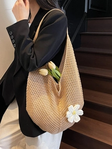 Borsa Tote da Donna Intrecciata a Mano all'Uncinetto Grande Capacità Borsa a Tracolla da Spiaggia con Fiore in Maglia Moda