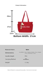 Dimensions détaillées du grand sac cabas en nylon avec imprimé lettres Angel Fish