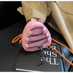 Detail of pink mesh triangular crossbody bag with hiking rope strap and drawstring