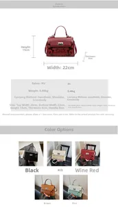 Detailed dimension guide and color options for the vintage PU leather handbag with metal lock
