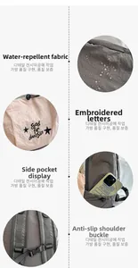 Close-up of waterproof nylon fabric, embroidery details, side pockets, and chest buckle
