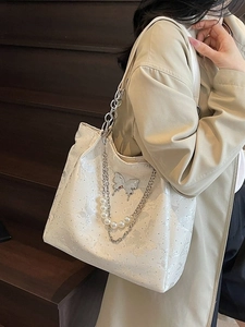 Sac Cabas Jacquard Papillon à la Mode pour Femmes Sac à Bandoulière Grande Capacité avec Chaîne de Künstliche Perles et Décor Papillon