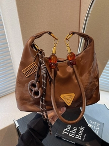 Vintage Suede Hobo Bag For Women Minimalist Marble Pattern Crossbody Bag With Amber Beads And Triangle Logo Shoulder Bag