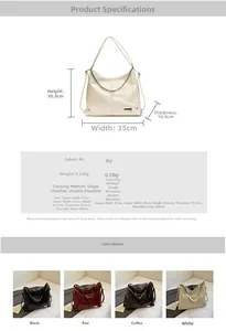 Detailed size chart and parameter table for the PU leather tote bag with chain strap