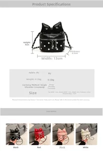 Detailed size chart and four color options for the polka dot bow mini crossbody bag
