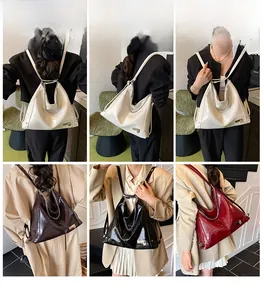 Multiple views of a glossy faux leather hobo bag featuring chain strap and charm accents