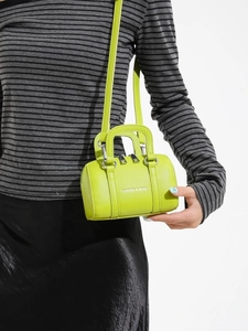 Mini sac cylindre jaune fluo à grain de litchi avec poignées et bandoulière