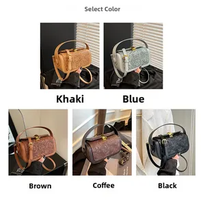 Detail view of cylinder handbag with floral embossing in khaki, blue, brown, coffee, and black