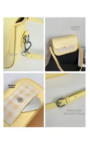 Détails du sac bandoulière jaune à carreaux avec ferrures argentées et sangle réglable