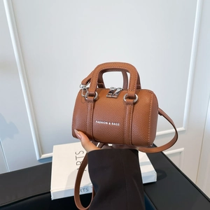 Vintage brown lychee grain leather mini Boston handbag with detachable shoulder strap