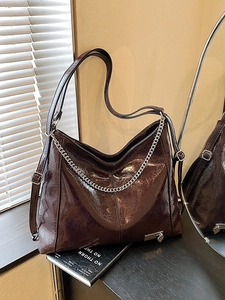 Vintage dark brown large capacity faux leather tote bag with metal chain strap