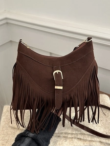 Retro bohemian dark brown suede fringe crossbody bag for women with tassel accents