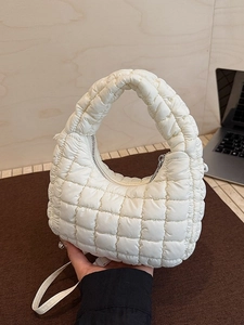 Women Quilted Padded Shoulder Bag Trendy Polyester Hobo Underarm Handbag Small Solid Color Crescent Bag Crossbody Purse