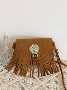 Bohemian Faux Suede Fringe Crossbody Bag Women Ethnic Beaded Mandala Tassel Shoulder Bag Vintage Small Square Bag Coffee Brown