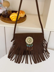 Bohemian brown suede fringe crossbody bag with colorful beaded mandala and charms