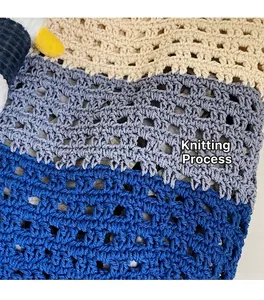 Detailed close-up of tricolor hollow knit texture in beige, grey, and dark blue tones