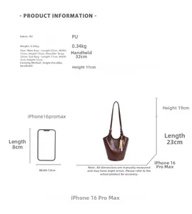 Size guide for woven tote bag with dimensions of main and inner pouch in PU leather
