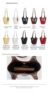 Detail view of bucket bag colors and interior pouch with magnetic closure and tassel