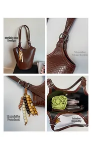 Detailed views of brown crocodile pattern tote with beaded charm and interior space