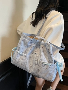 Grand Sac Tote en Tissu Femmes Décontracté Style Coréen Sac à Épaule Avec Nœud Imprimé Marbre Tie Dye pour École