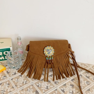 Sac Bandoulière Bohème en Suédine pour Femmes Vintage Ethnique Perles Colorées Sac à Franges Artistique Sac à Main Quotidien