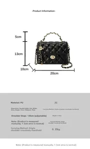 Tableau des tailles pour petit sac carré matelassé noir avec dimensions et détails en PU