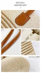 Detailweergave van stro-tas met lederen schouderbanden en metalen ritssluiting-design