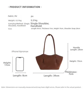 Guide des tailles du grand cabas en PU marron avec dimensions et comparaison iPhone 16