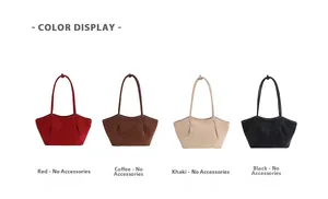 Présentation des sacs cabas plissés en rouge, marron, kaki et noir en daim synthétique