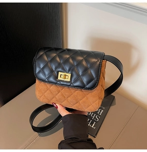 Detail of vintage square bag showing brown suede and black quilted leather texture