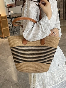 Handgeweven Stro Tote Tas Voor Dames Grote Capaciteit Gestreepte Schoudertas Met Leren Riemen Zomer Strand Vakantie Handtas