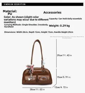 Detailed size specifications for minimalist brown bowling shoulder bag with bow details