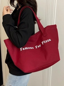 Borsa Tote in Tela Grande Capacità da Donna Retro Stampa Lettere Famous For Pizza Borsa a Spalla Casual Shopping Studente Scuola