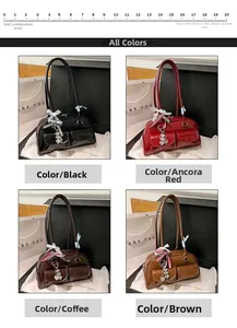 Detail view of glossy leather bowling bags in four colors with heart charms and bows