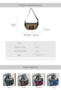 Detailed chart showing nylon crescent bag dimensions and four vibrant color options